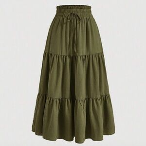 💙Olive Green Tiered Maxi Skirt